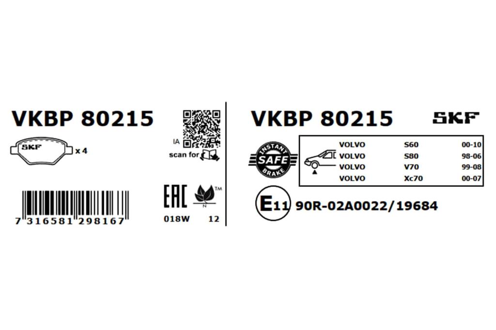 Jogo de 4 pastilhas de travão SKF ref. VKBP 80215
